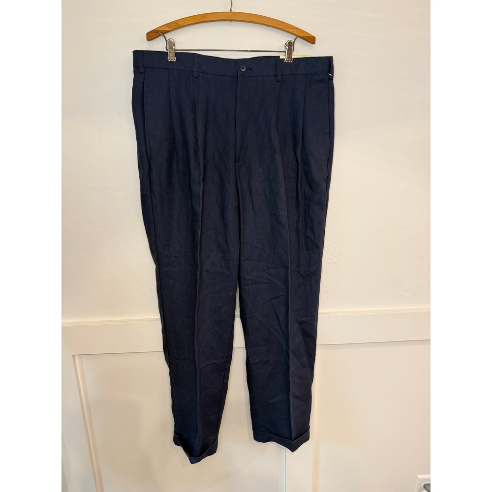 Alan Flusser Mens 100% Linen Pleated Cuffed Navy Dress Pants 38x30 William NEW